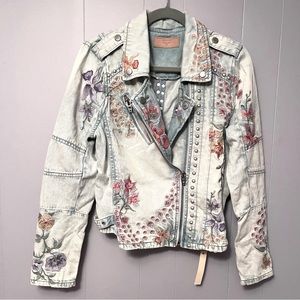 BlankNYC Embroidered Moto Jean Jacket Size M Boho Denim jacket